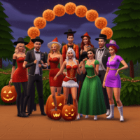 Digital graphic representation of Sims game characters posing for a group photo in Halloween costumes
