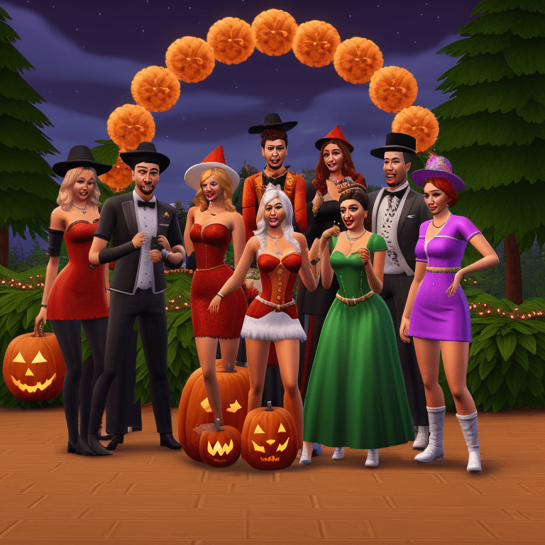 Digital graphic representation of Sims game characters posing for a group photo in Halloween costumes