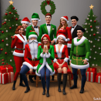 Image depicting Sims characters grinning, in holiday-themed clothing