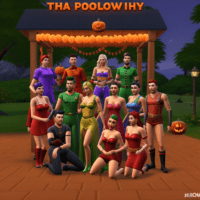 Digital graphic representation of Sims game characters posing for a group photo in Halloween costumes