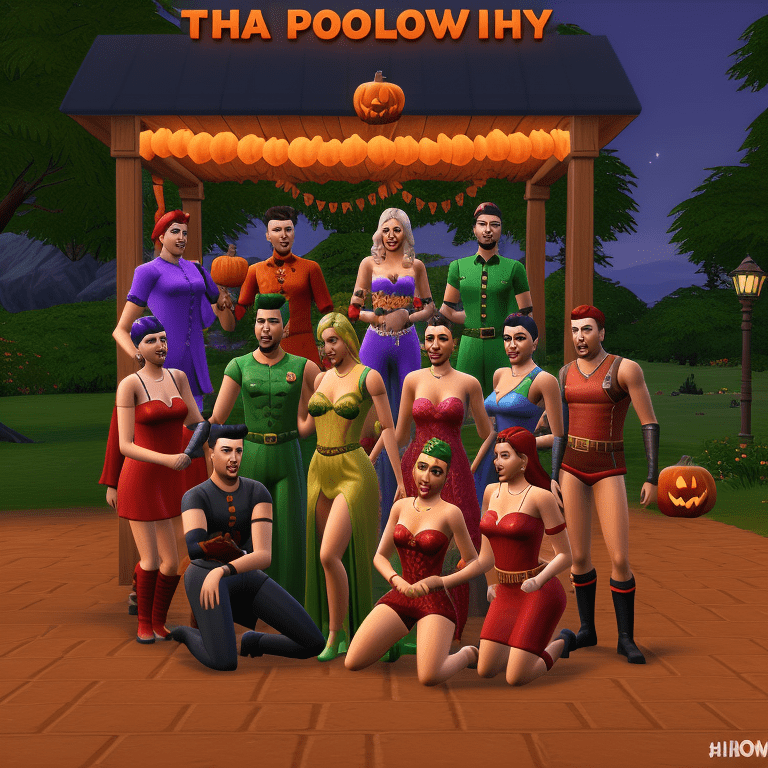Digital graphic representation of Sims game characters posing for a group photo in Halloween costumes