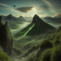 Picture of verdant mountains with mythical creatures like dragons flying and giants walking around, in high definition and magical lighting