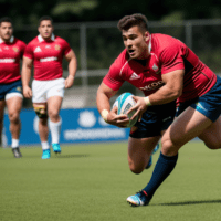 Enthusiastic rugby player in the process of a try