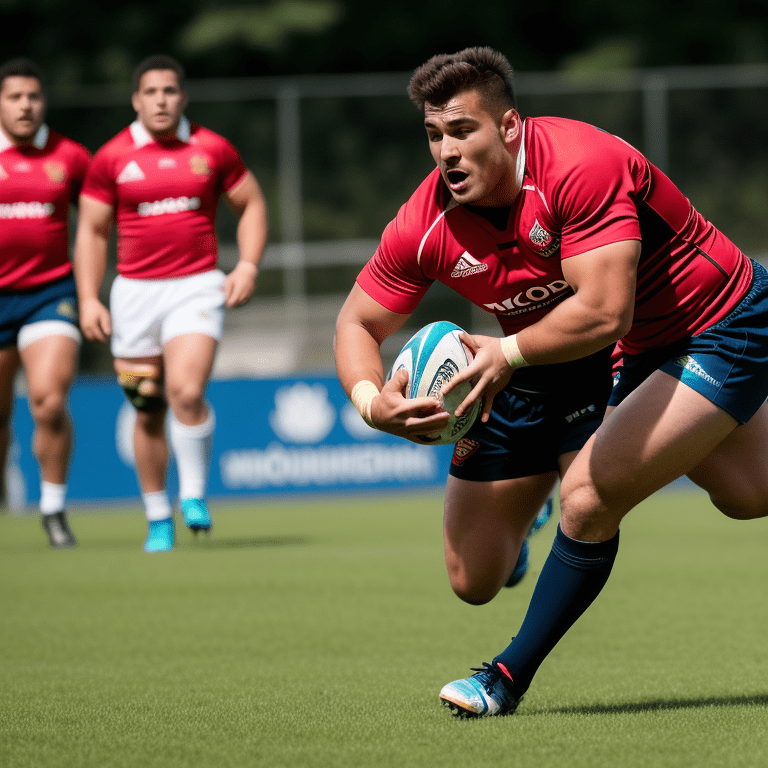 Enthusiastic rugby player in the process of a try
