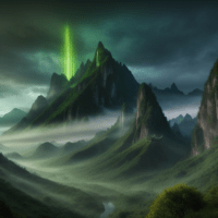Picture of verdant mountains with mythical creatures like dragons flying and giants walking around, in high definition and magical lighting