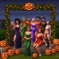Digital graphic representation of Sims game characters posing for a group photo in Halloween costumes
