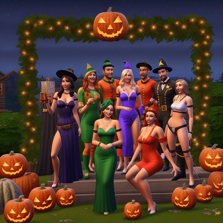 Digital graphic representation of Sims game characters posing for a group photo in Halloween costumes