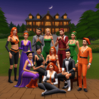 Digital graphic representation of Sims game characters posing for a group photo in Halloween costumes