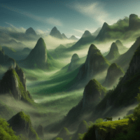 Picture of verdant mountains with mythical creatures like dragons flying and giants walking around, in high definition and magical lighting