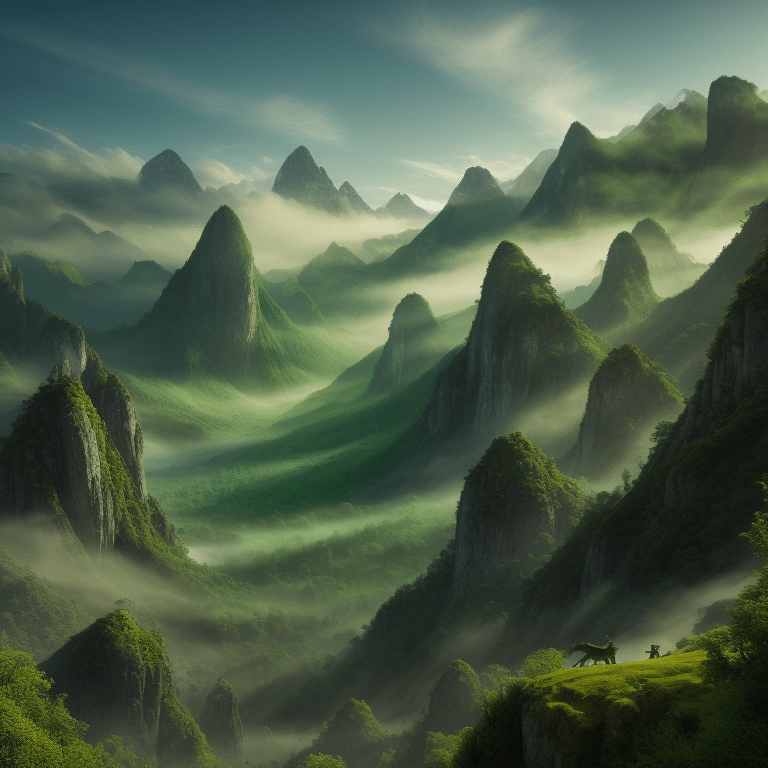 Picture of verdant mountains with mythical creatures like dragons flying and giants walking around, in high definition and magical lighting