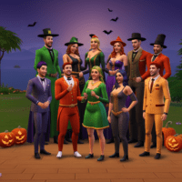 Digital graphic representation of Sims game characters posing for a group photo in Halloween costumes