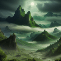 Picture of verdant mountains with mythical creatures like dragons flying and giants walking around, in high definition and magical lighting