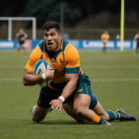 Enthusiastic rugby player in the process of a try