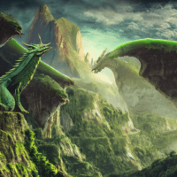Picture of verdant mountains with mythical creatures like dragons flying and giants walking around, in high definition and magical lighting