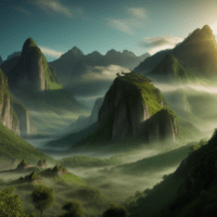 Picture of verdant mountains with mythical creatures like dragons flying and giants walking around, in high definition and magical lighting