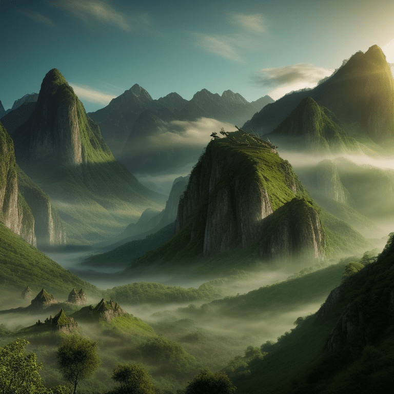 Picture of verdant mountains with mythical creatures like dragons flying and giants walking around, in high definition and magical lighting